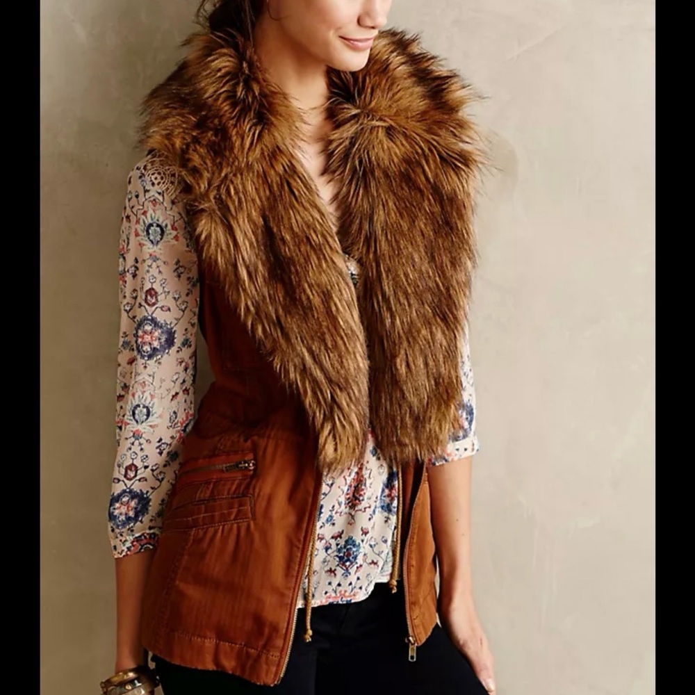 Anthropologie Hei Hei Women's Brown Faux-Fur Collar Utility Vest